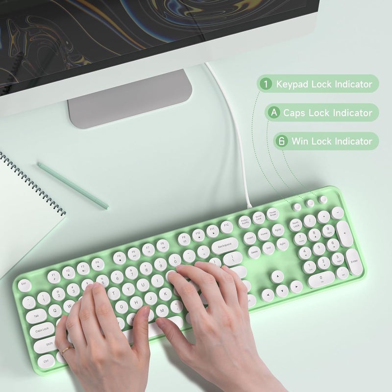 Atelus Computer Keyboard Wired, Plug Play USB Keyboard with Large Number Pad, Caps Indicators, Foldable Stands, Full Size Keyboard for Windows PC Laptop (Green-White) - Image 4
